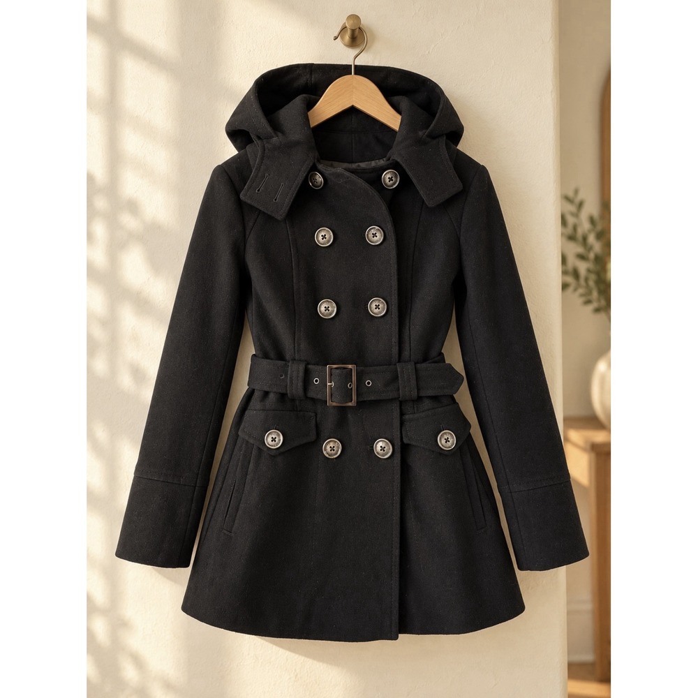 M60 Miss Sixty Black Wool Blend Hooded Belted Double Breasted Peacoat XS Pockets